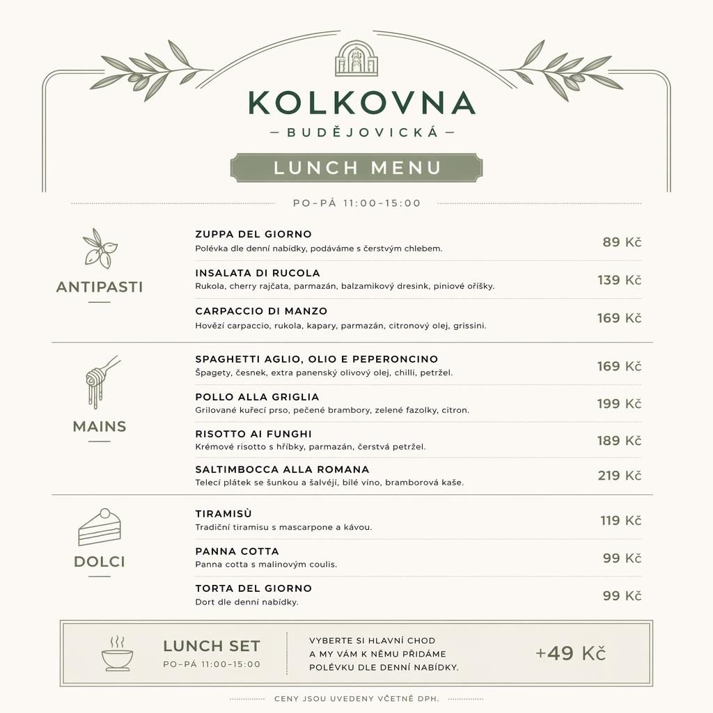 Minimalistická lunch menu karta A4 na výšku v odstínech šalvěje a slonové kosti s cenovým sloupcem a dekorativní hlavičkou.