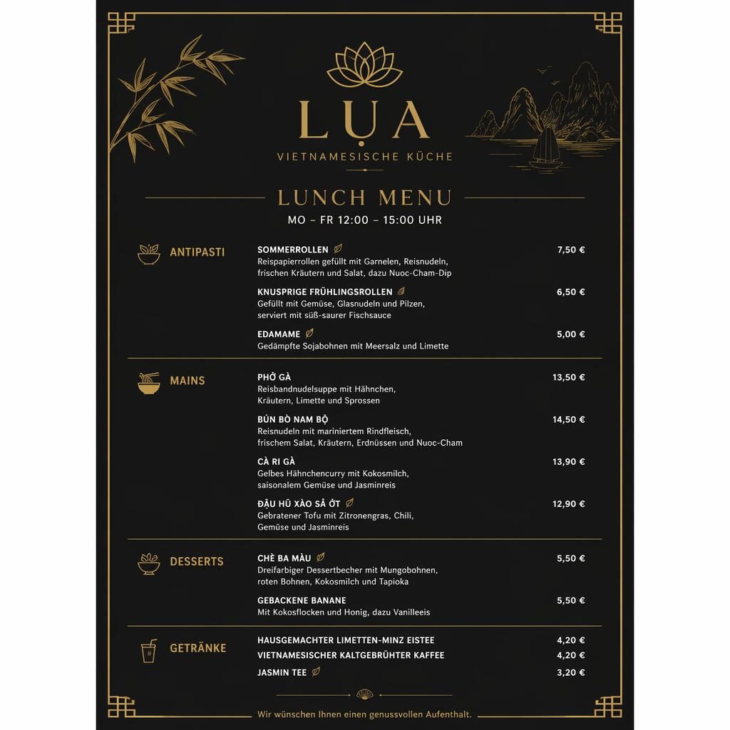 A4-Menükarte im minimalistischen Swiss-Design in Schwarz und Gold mit dekorativem Header, Rubriken, Platzhaltertext und Preisspalte.