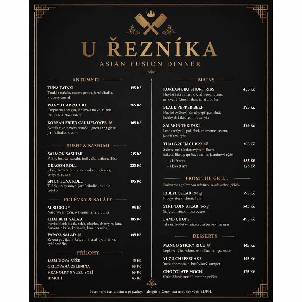 Luxusní menu karta A4 na výšku v černé a zlaté, asijské fusion, dekorativní záhlaví, sekce jídel a sloupec cen.