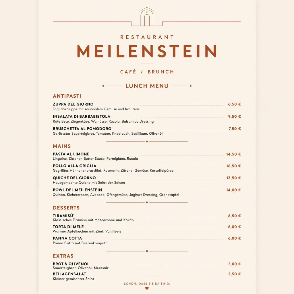 A4-Menükarte für restaurant meilenstein im minimalistischen Swiss-Style in Creme und Rost mit Lunch-Gerichten und Preisen.
