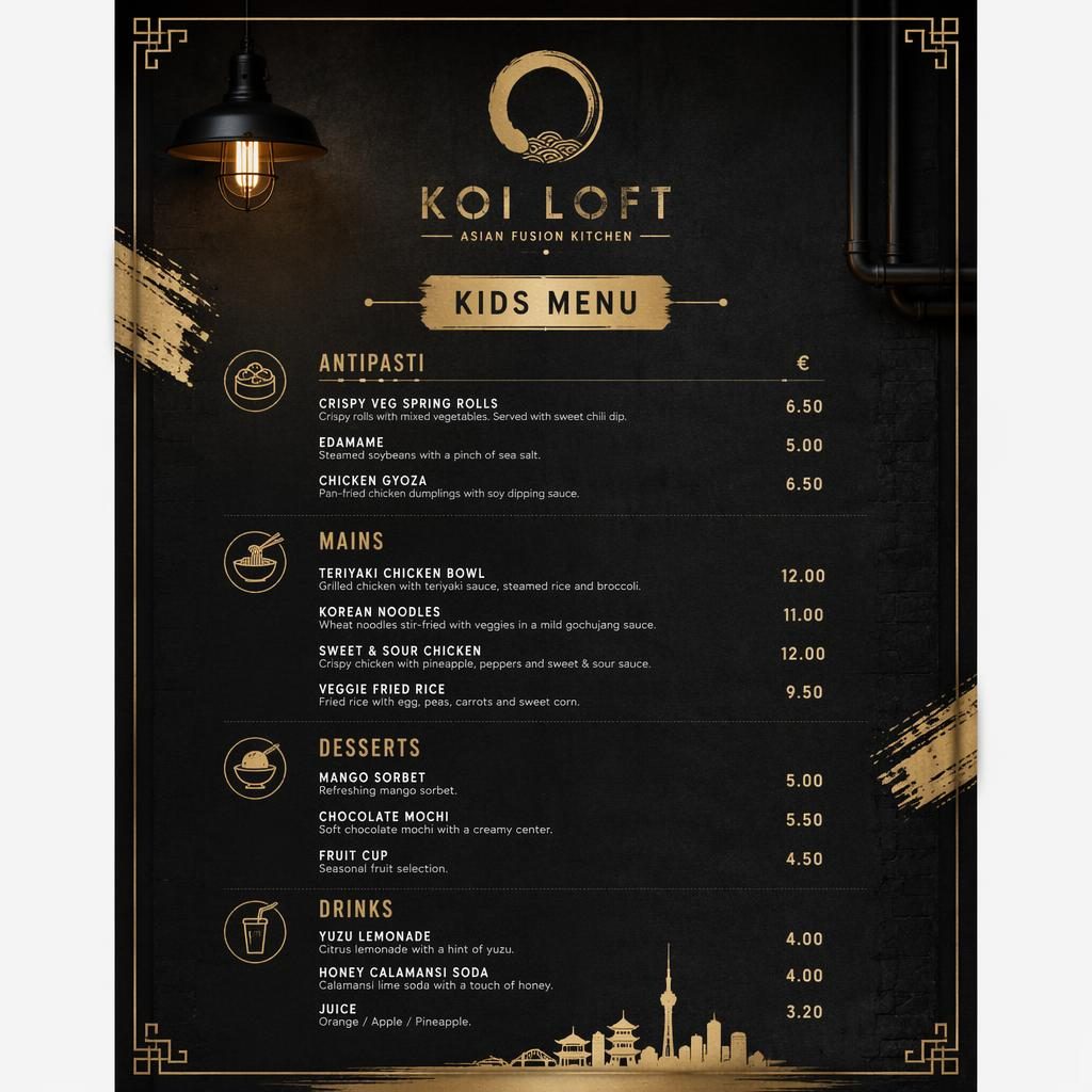 A4 portrait kids menu layout for asian fusion, with decorative header, placeholder sections, dish names, descriptions, and prices.