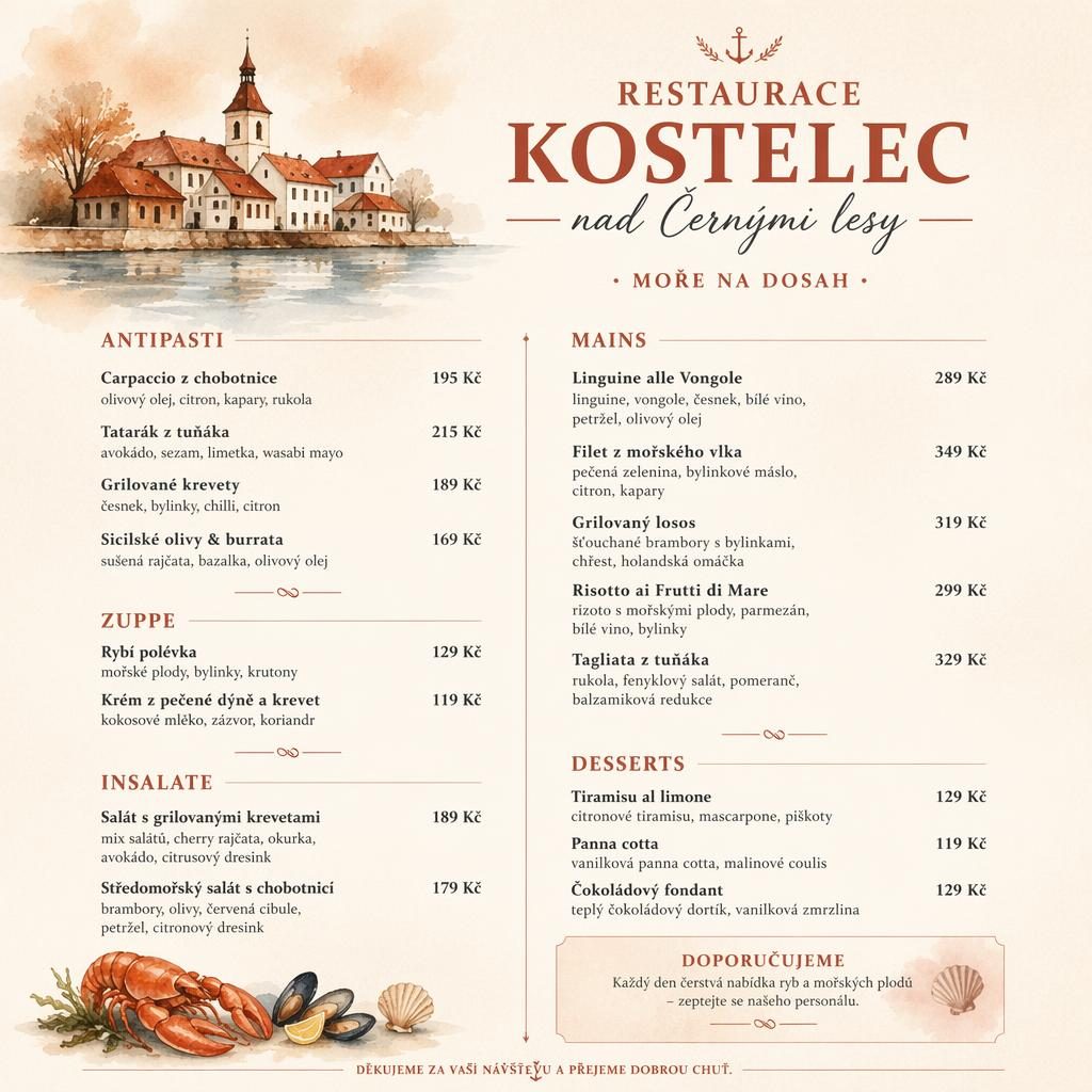 A4 vinný lístek v akvarelovém stylu, krémovo-rezavá paleta, dekorativní záhlaví, sekce a sloupec cen.
