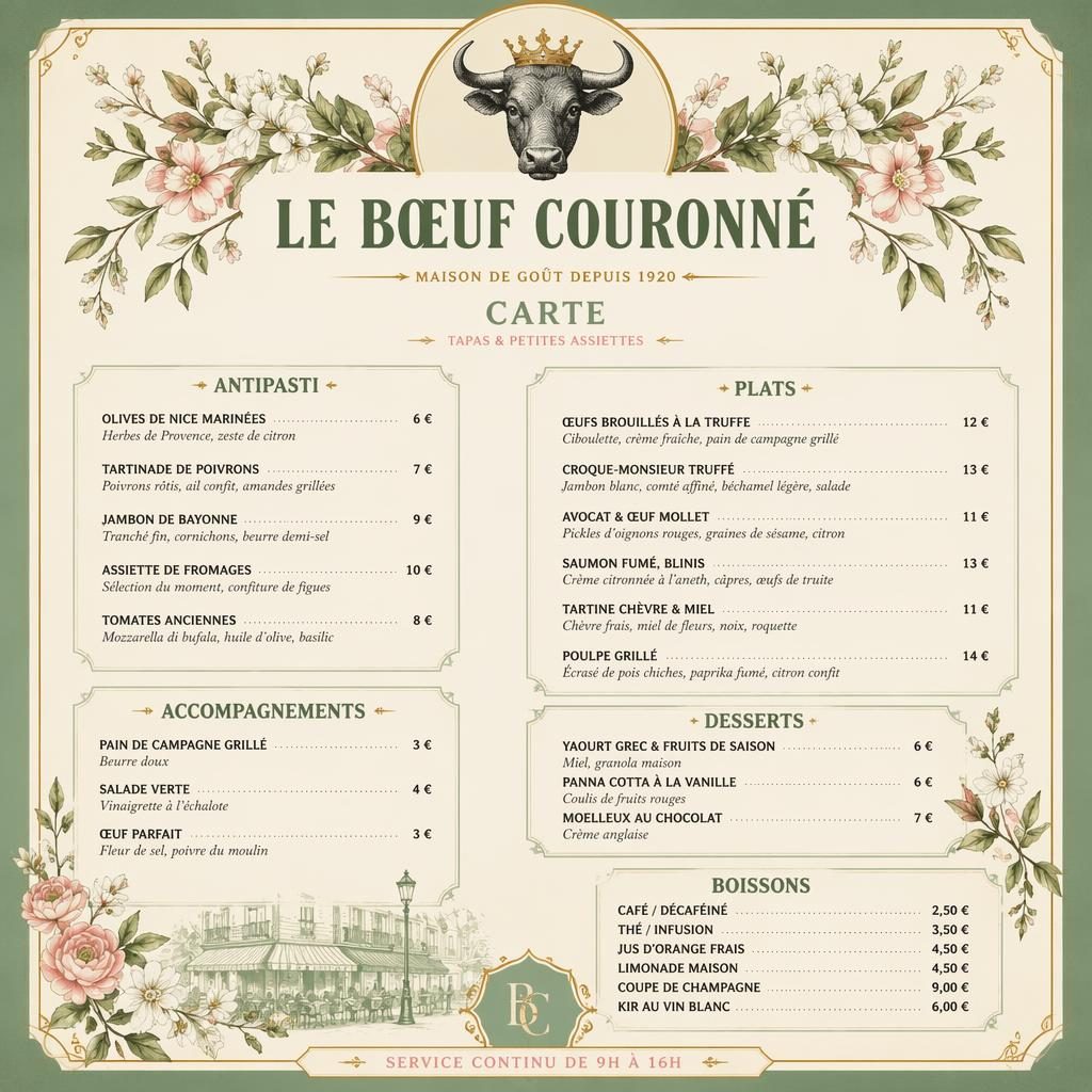 Carte de menu brunch A4 portrait, style vintage années 1920, palette printanière, en-tête décoratif et colonne de prix.
