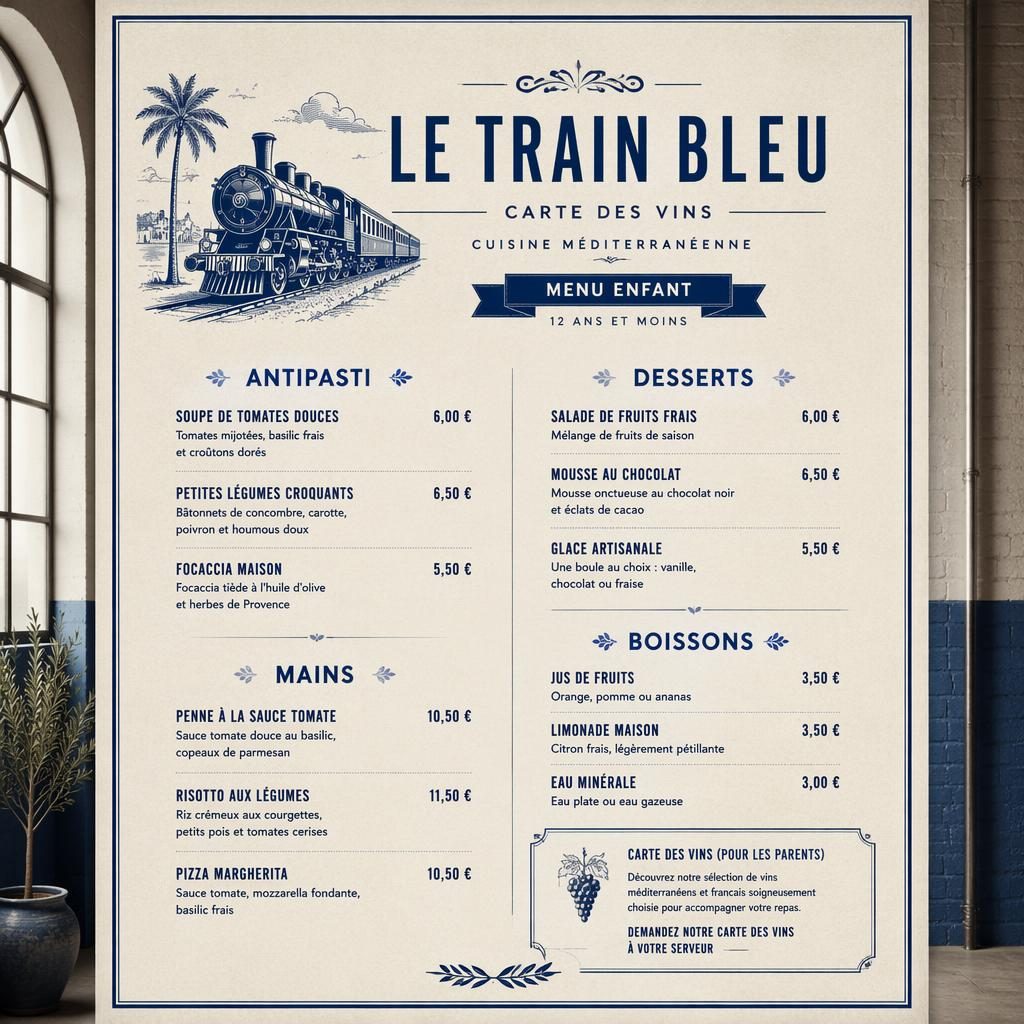 Carte de menu enfant A4 style loft industriel, tons bleu méditerranéen et crème, avec en-tête décoratif et colonne de prix.