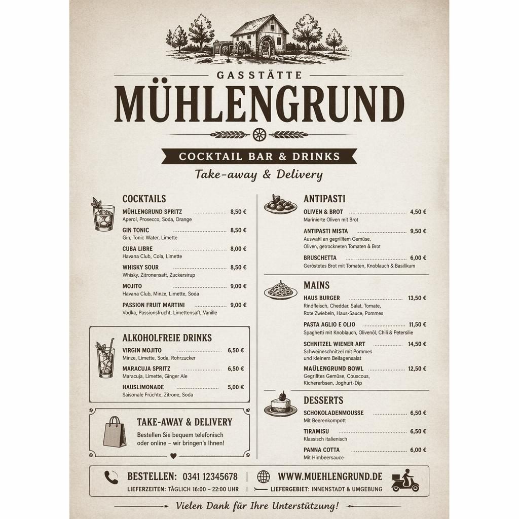 A4-Menükarte für Gaststätte Mühlengrund im rustikal-warmen, monochromen Layout mit Rubriken, Platzhaltertext und Preisen.