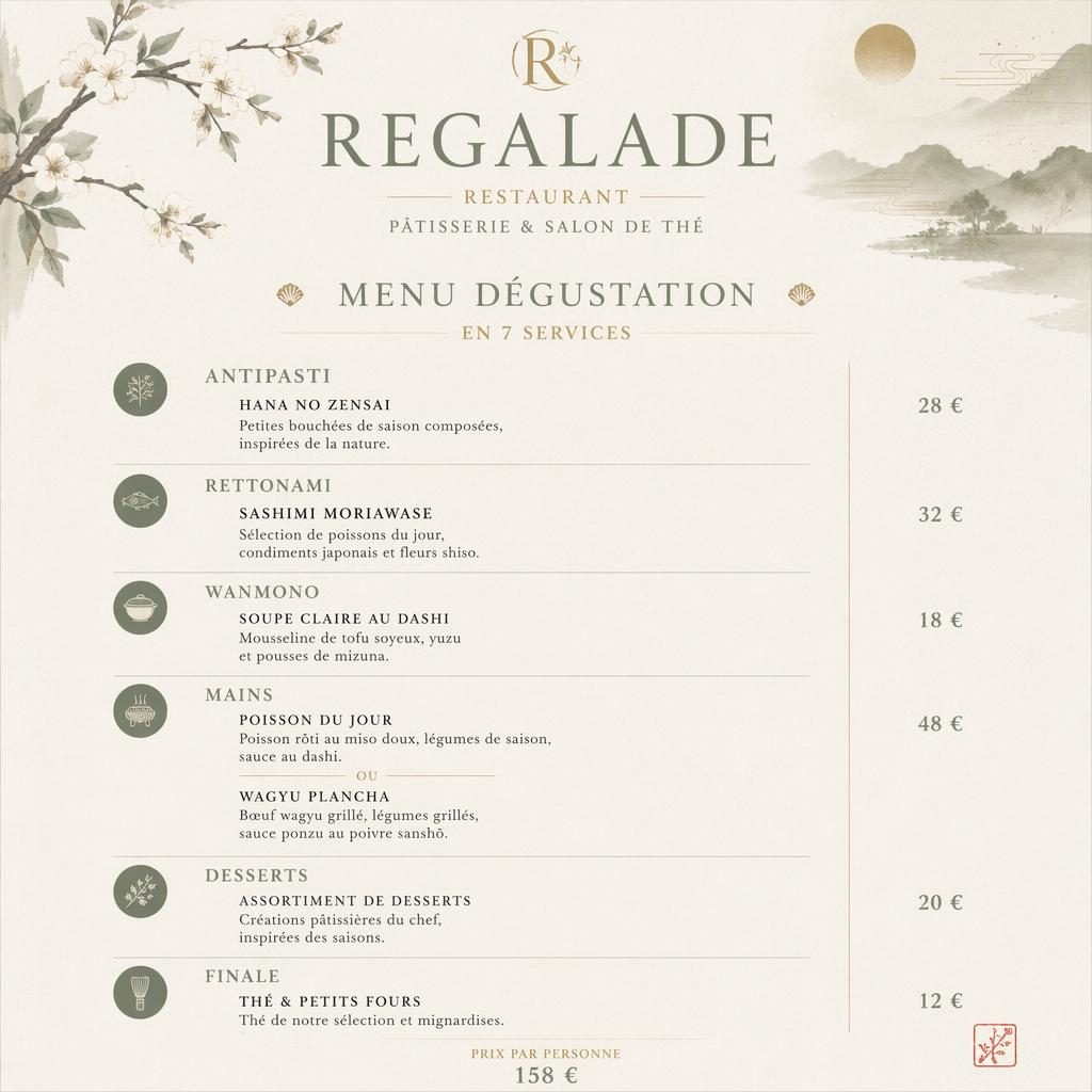 Carte de menu dégustation A4 portrait pour regalade restaurant, style kaiseki japonais, palette sauge et ivoire.