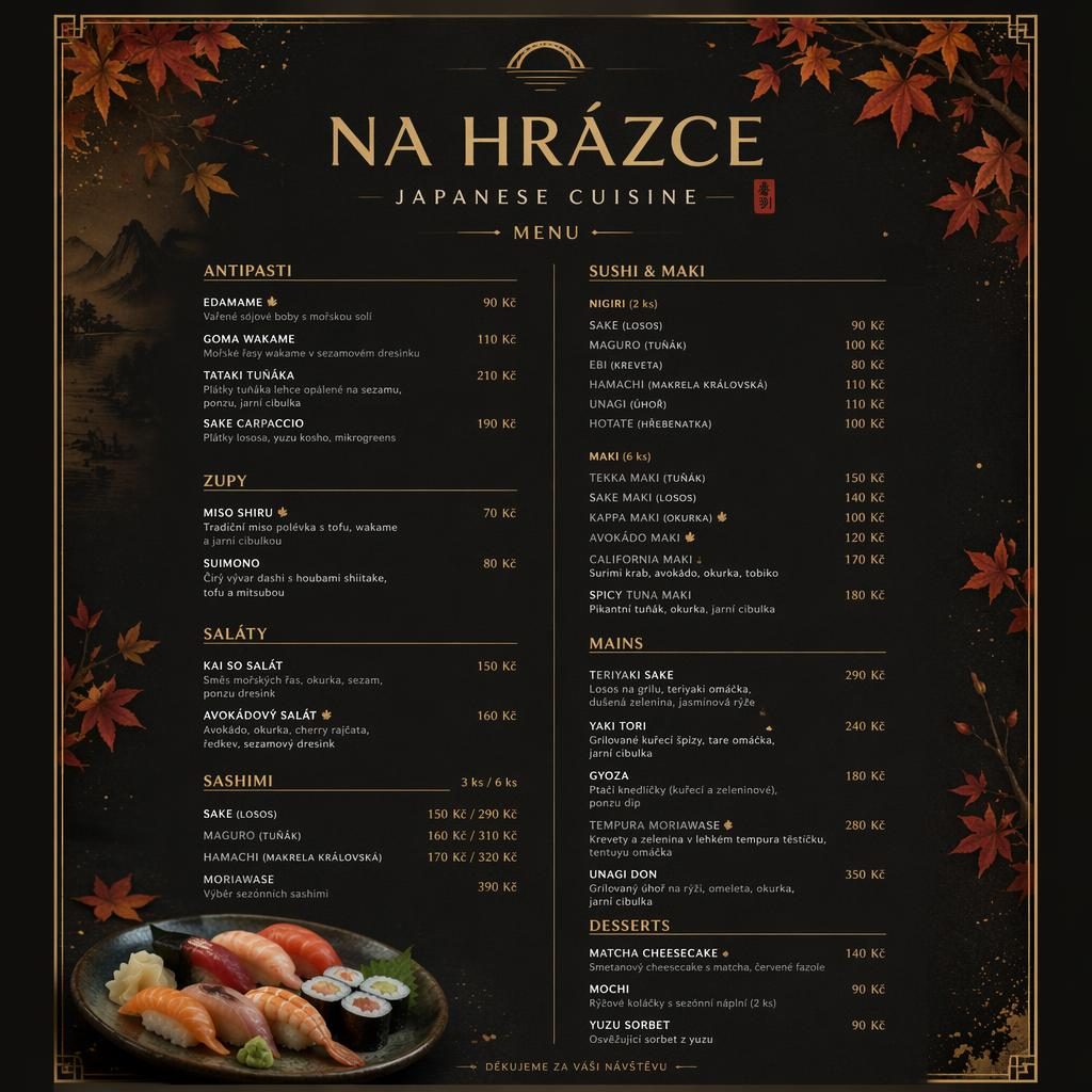 Luxusní A4 menu pro japonské sushi, podzimní paleta, dekorativní záhlaví, sekce jídel, popisy a sloupec cen.
