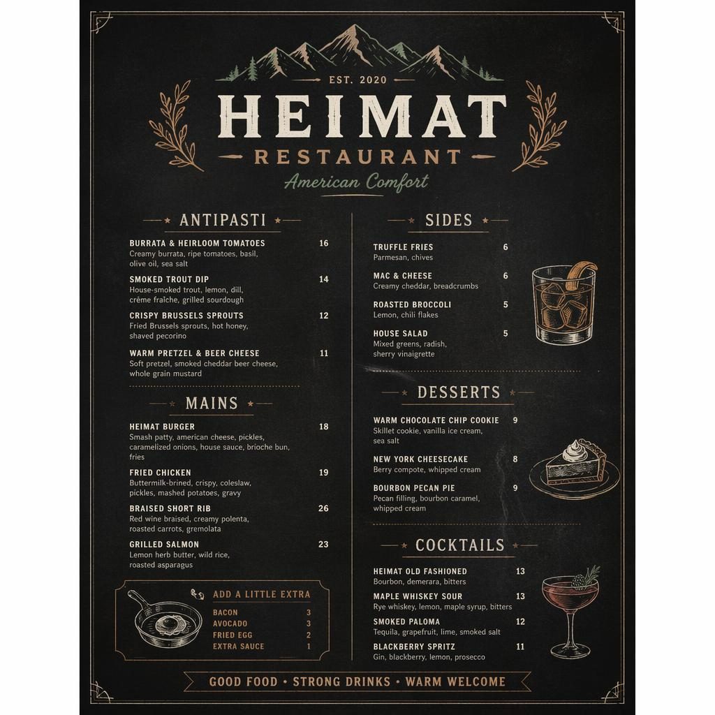 A4-Menükarte für heimat restaurant im Chalkboard-Café-Stil, warme Erdtöne, Cocktailkarte mit Platzhaltertext und Preisen.