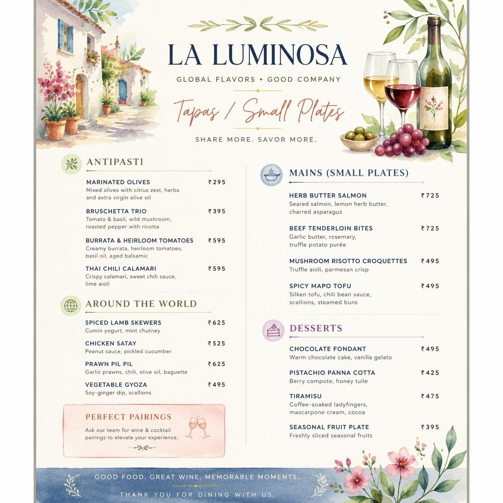 A4 portrait watercolor menu card with cozy spring palette, decorative header, wine list sections, placeholder dish text, and prices.