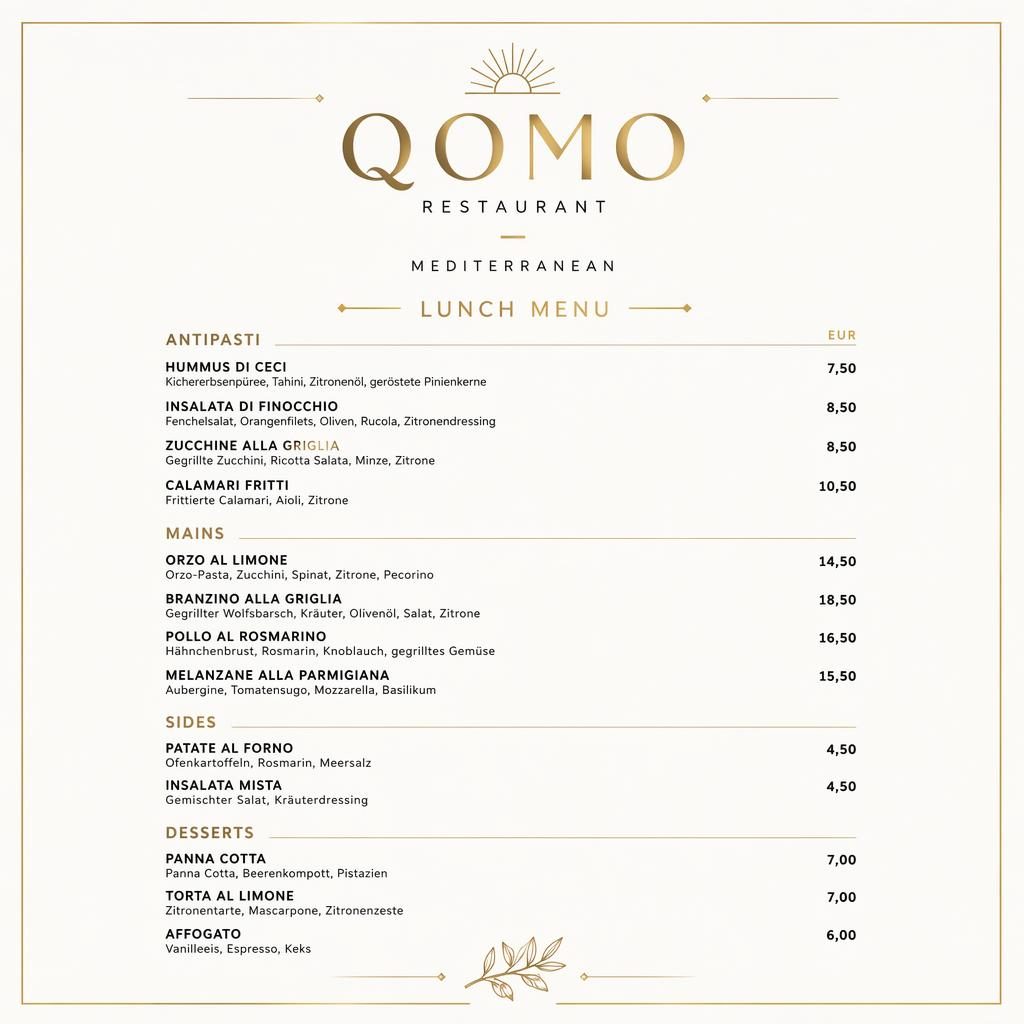 A4-Menükarte für qomo restaurant im Hochformat, schwarz-goldenes Swiss-Design mit Rubriken, Platzhaltertext und Preisspalte.