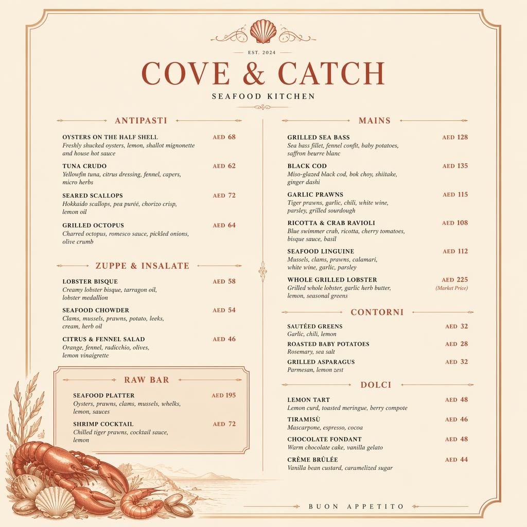 A4 portrait luxury restaurant menu card in warm cream and rust with decorative header, section titles, dish placeholders, and prices.