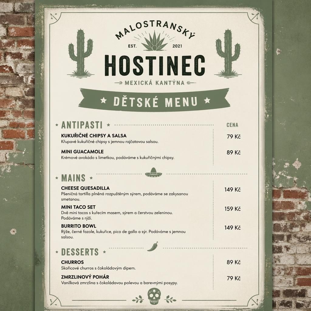 A4 menu karta pro děti pro malostranský hostinec, mexický motiv, industriální loft, šalvějová a slonovinová paleta