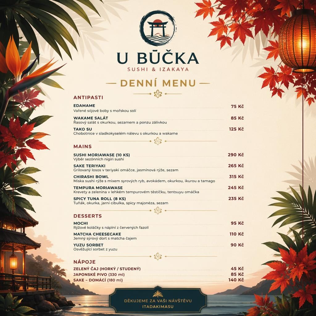 Tisková A4 karta denního sushi menu s dekorativní hlavičkou, podzimní tropickou paletou a sloupcem cen.
