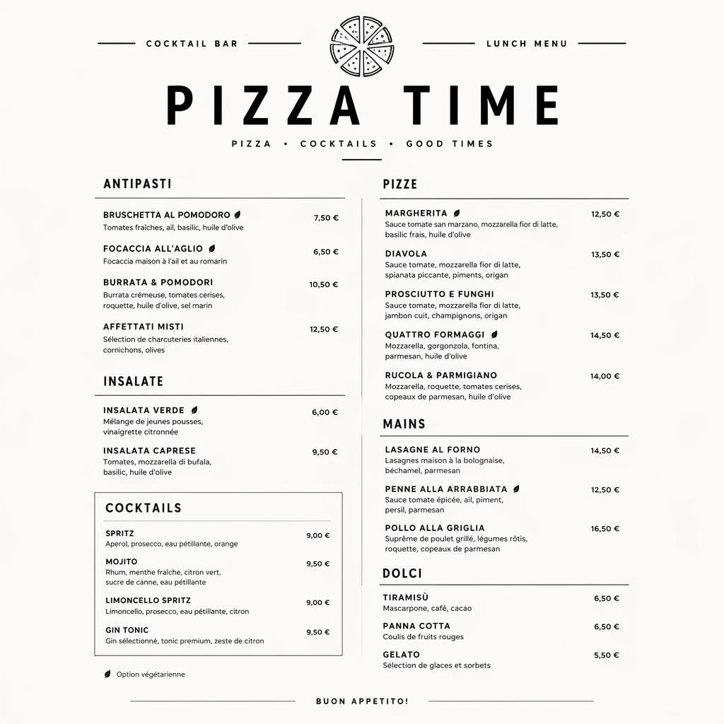 Carte de menu A4 portrait pour Pizza Time, style suisse minimaliste monochrome, sections plats et colonne de prix.