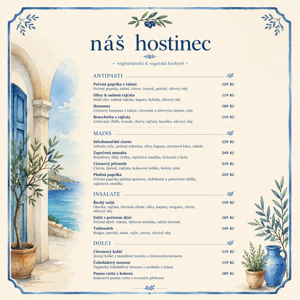 A4 menu karta vinného lístku pro náš hostinec, akvarel v modro-krémové paletě, dekorativní hlavička a ceny.