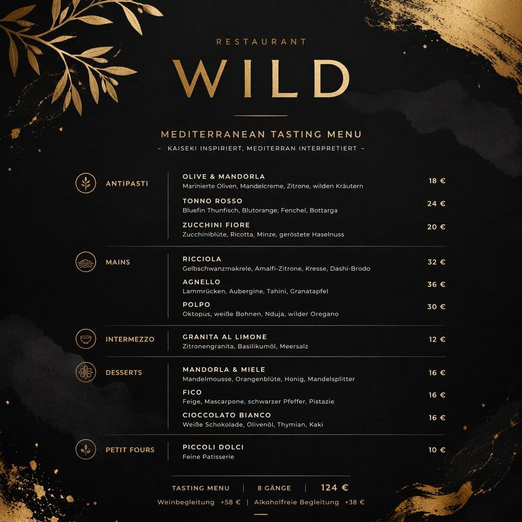 A4-Menükarte für Restaurant Wild im japanischen Kaiseki-Stil, Schwarz-Gold, mit Gängen, Platzhaltertext und Preisen.