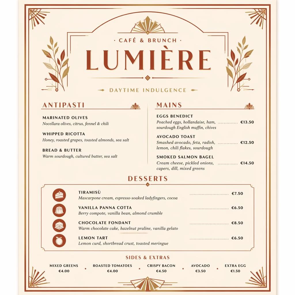 A4 portrait dessert menu card with art deco header, warm cream and rust palette, placeholder dish names, descriptions, and prices.