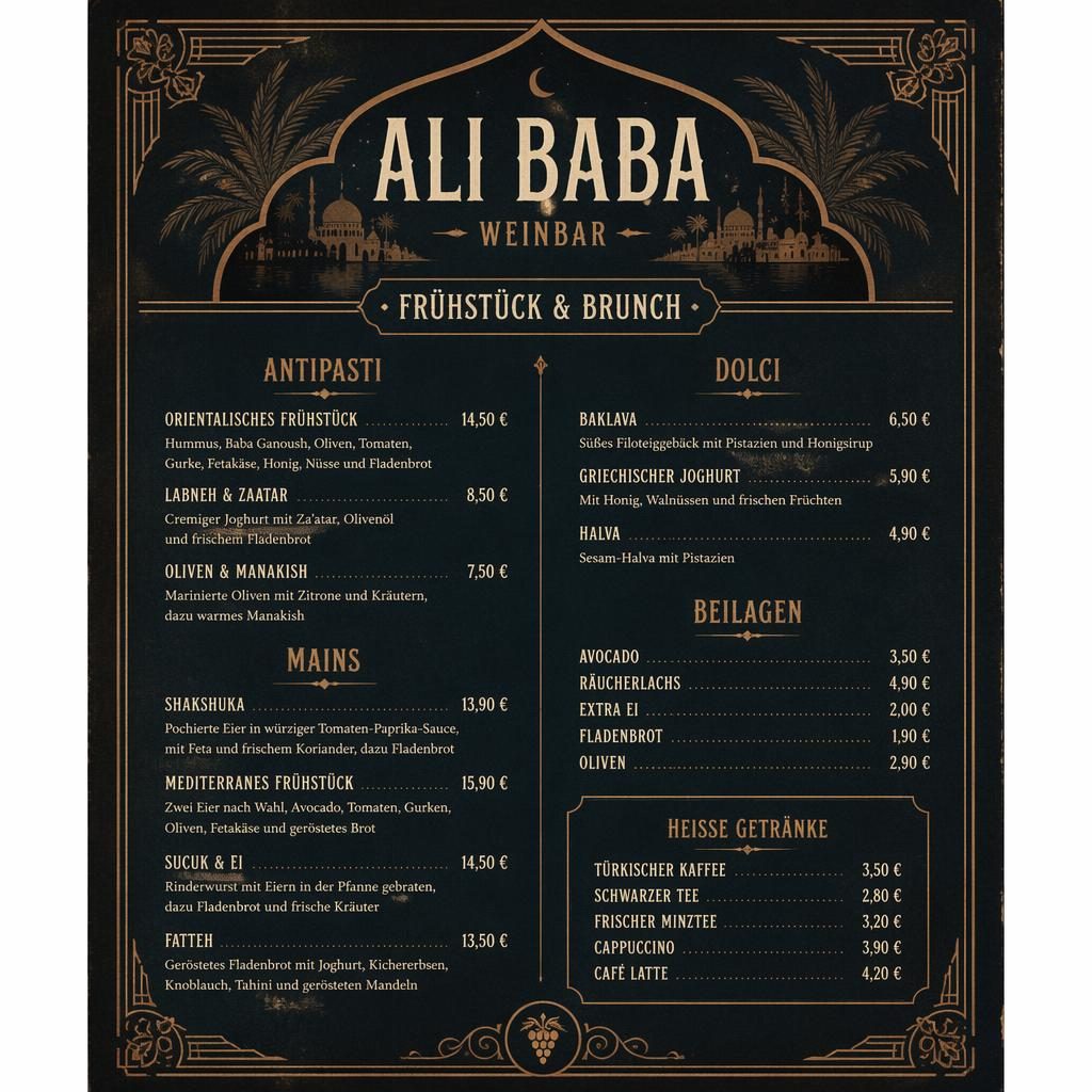 A4-Menükarte im Vintage-1920er-Stil für Ali Baba, dunkel und moody, mit Frühstücks- und Brunchrubriken