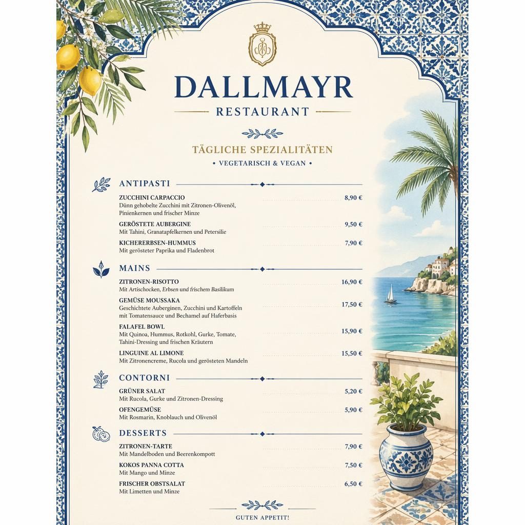 A4-Menükarte für dallmayr restaurant in Blau-Creme, tropisch-mediterranes Layout mit Rubriken, Gerichten und Preisen
