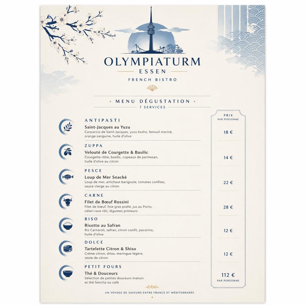 A4-Menükarte für olympiaturm essen im französischen Bistro-Look mit Kaiseki-Einflüssen in Blau und Creme.