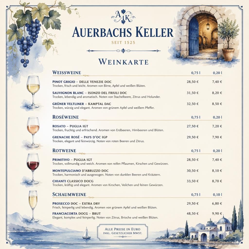 A4-Menükarte als Weinkarte in mediterranem Blau und Creme, mit Aquarellstil, Zierkopf, Platzhaltertext und Preisen.