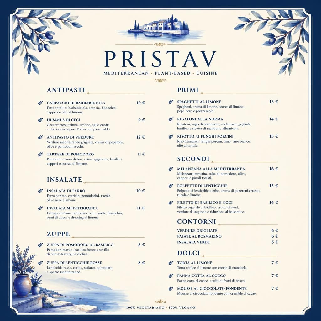 Tisková karta menu A4 na výšku v modro-krémové paletě, luxusní středomořský styl, sekce jídel a sloupec cen.
