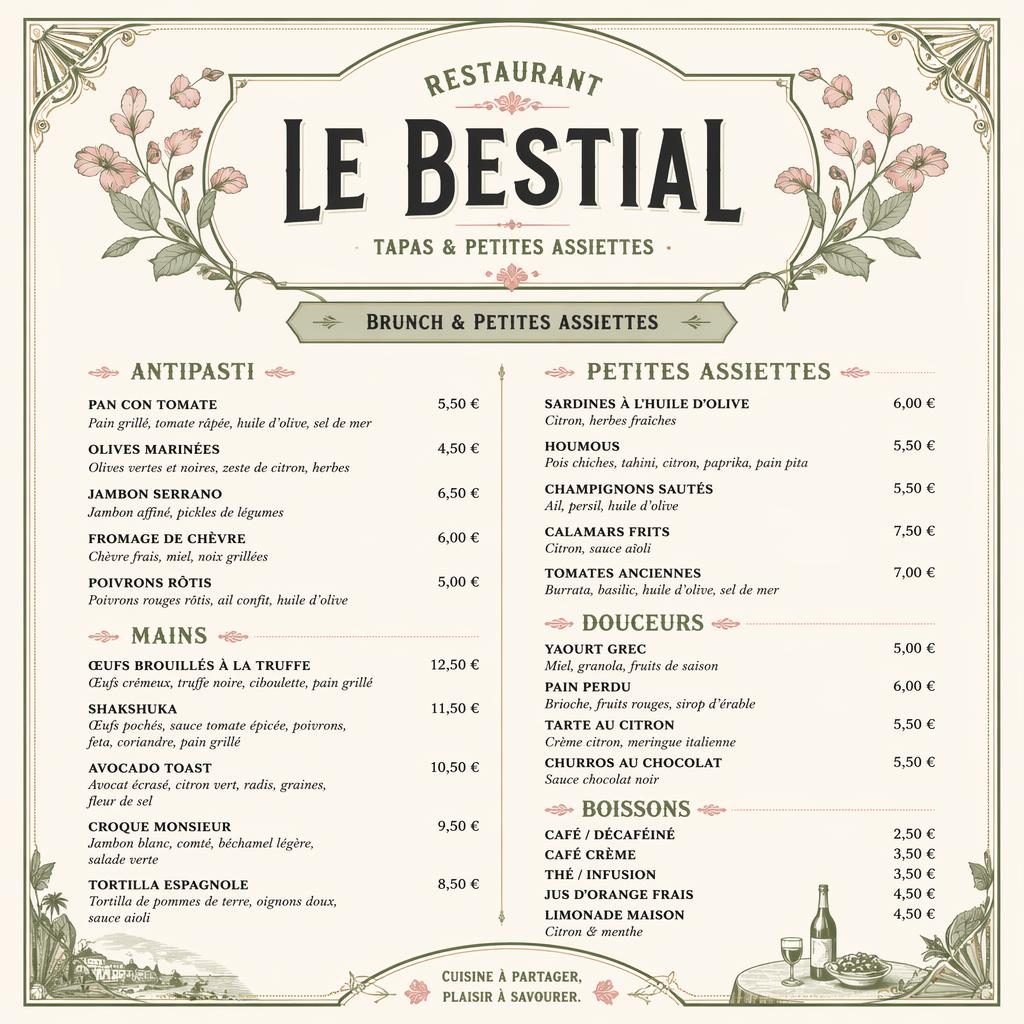 Carte de menu brunch A4 en portrait pour restaurant le bestial, style vintage années 1920, palette printanière et colonne de prix.