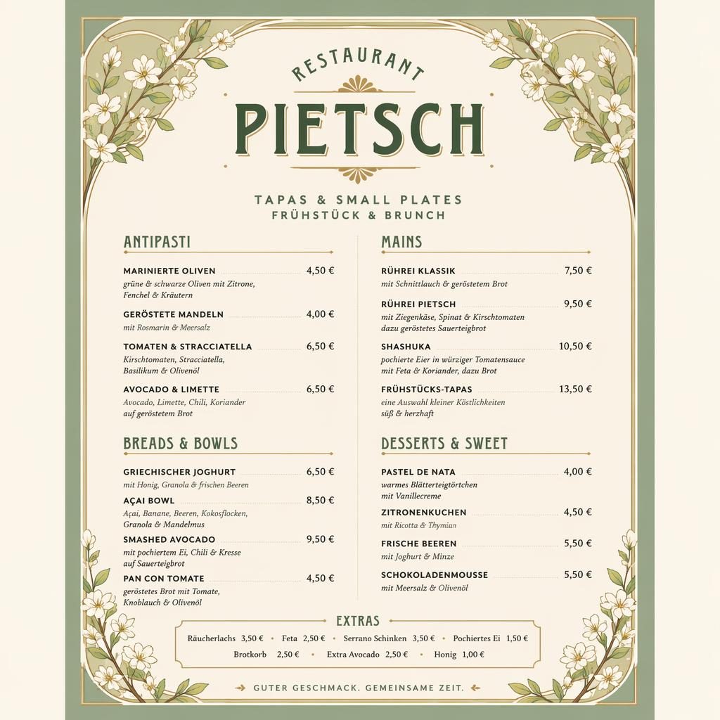 A4-Menükarte für Restaurant Pietsch im Vintage-1920er-Stil, Frühlingsfarben, Frühstück/Brunch, dekorativer Kopf, Preise