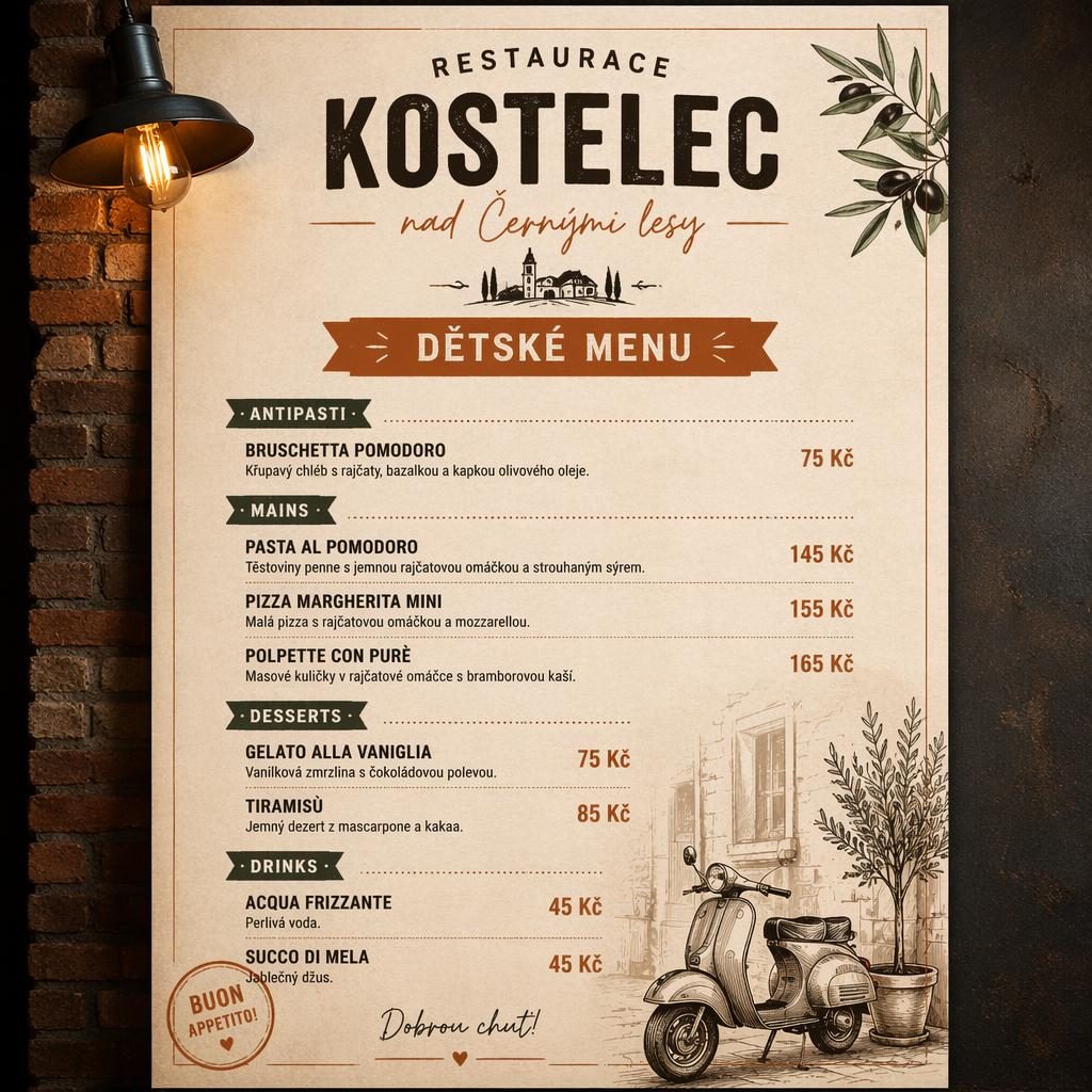 A4 jídelní lístek pro děti v italském stylu, industriální loft, teplé zemité tóny, sekce jídel a sloupec s cenami