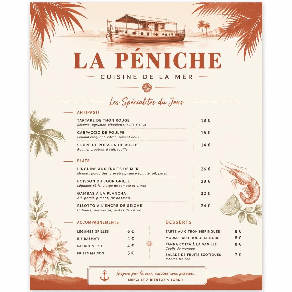 Carte de menu A4 verticale style resort tropical, palette crème chaude et rouille, rubriques, plats de fruits de mer et colonne de prix.
