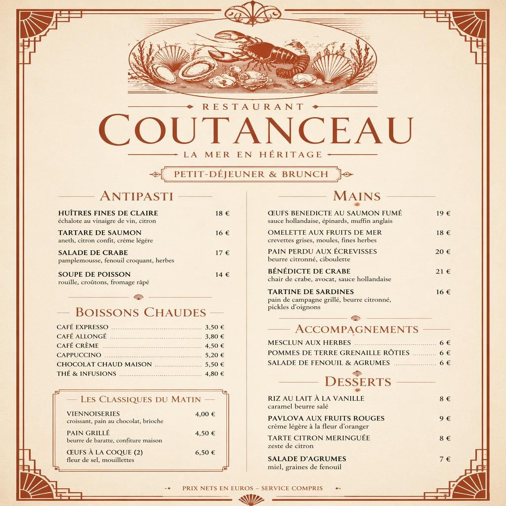 Carte de menu A4 portrait style années 1920, crème et rouille, brunch fruits de mer avec en-tête décoratif et colonne de prix.