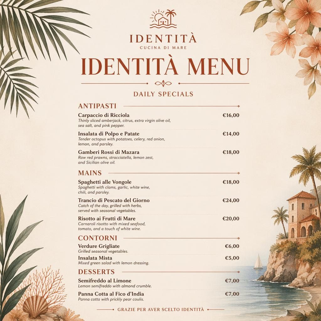 Carte de menu A4 portrait identita menu, style resort tropical crème chaude et rouille, avec rubriques, plats et colonne de prix.