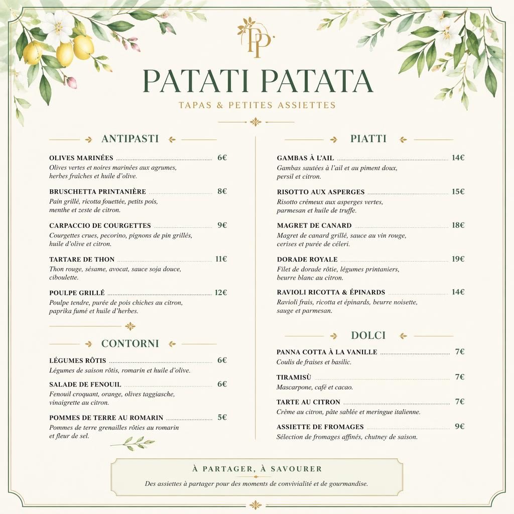 Carte de menu A4 verticale luxe, palette printanière, en-tête décoratif, sections dîner et colonne de prix.