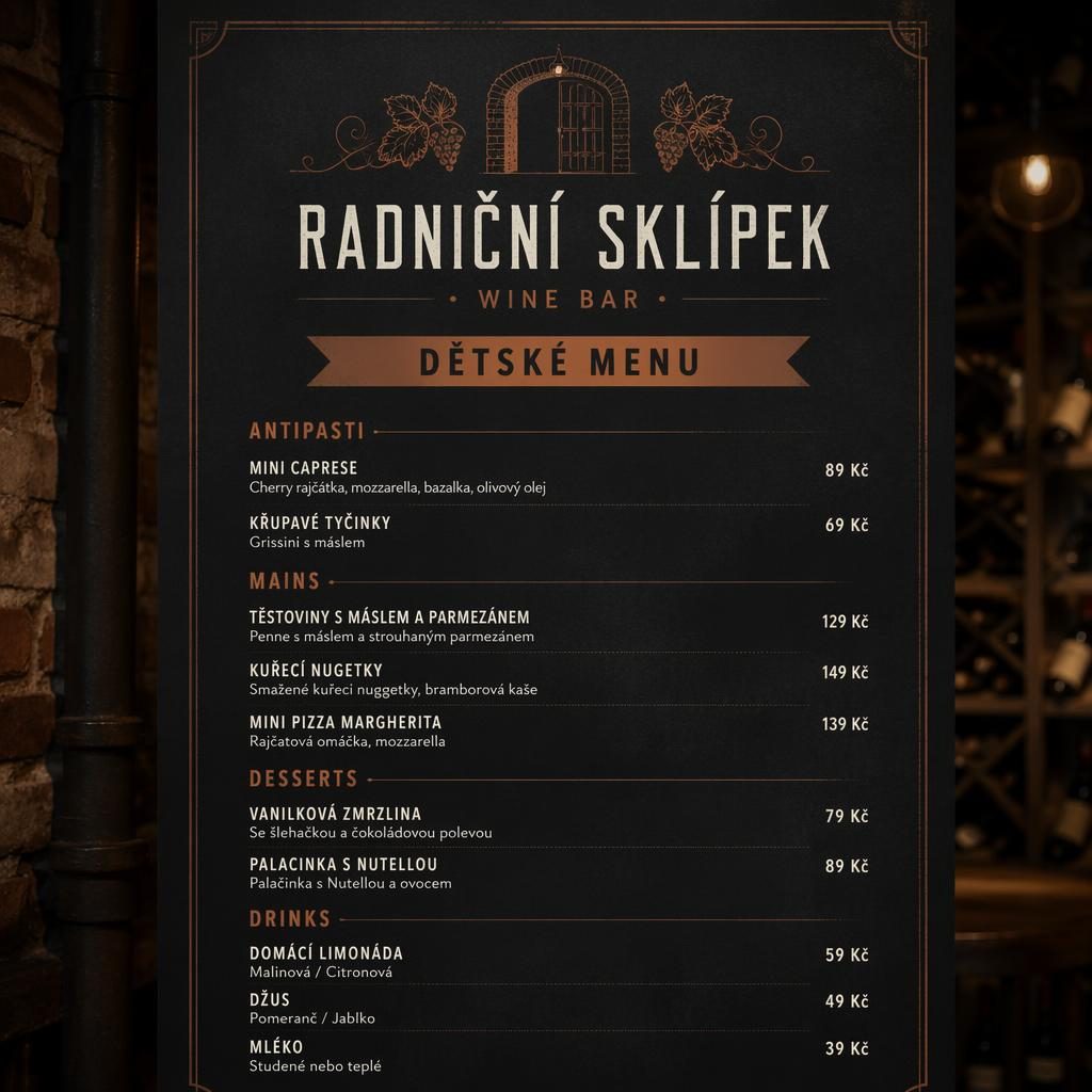 A4 jídelní lístek pro děti ve stylu radniční sklípek menu, tmavá industriální sazba s cenovým sloupcem.