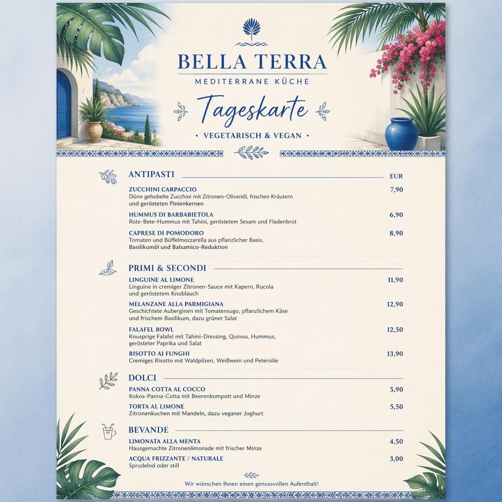 A4-Menükarte im Tropical-Resort-Stil in Blau und Creme mit vegetarischen und veganen Tagesgerichten und Preisspalte