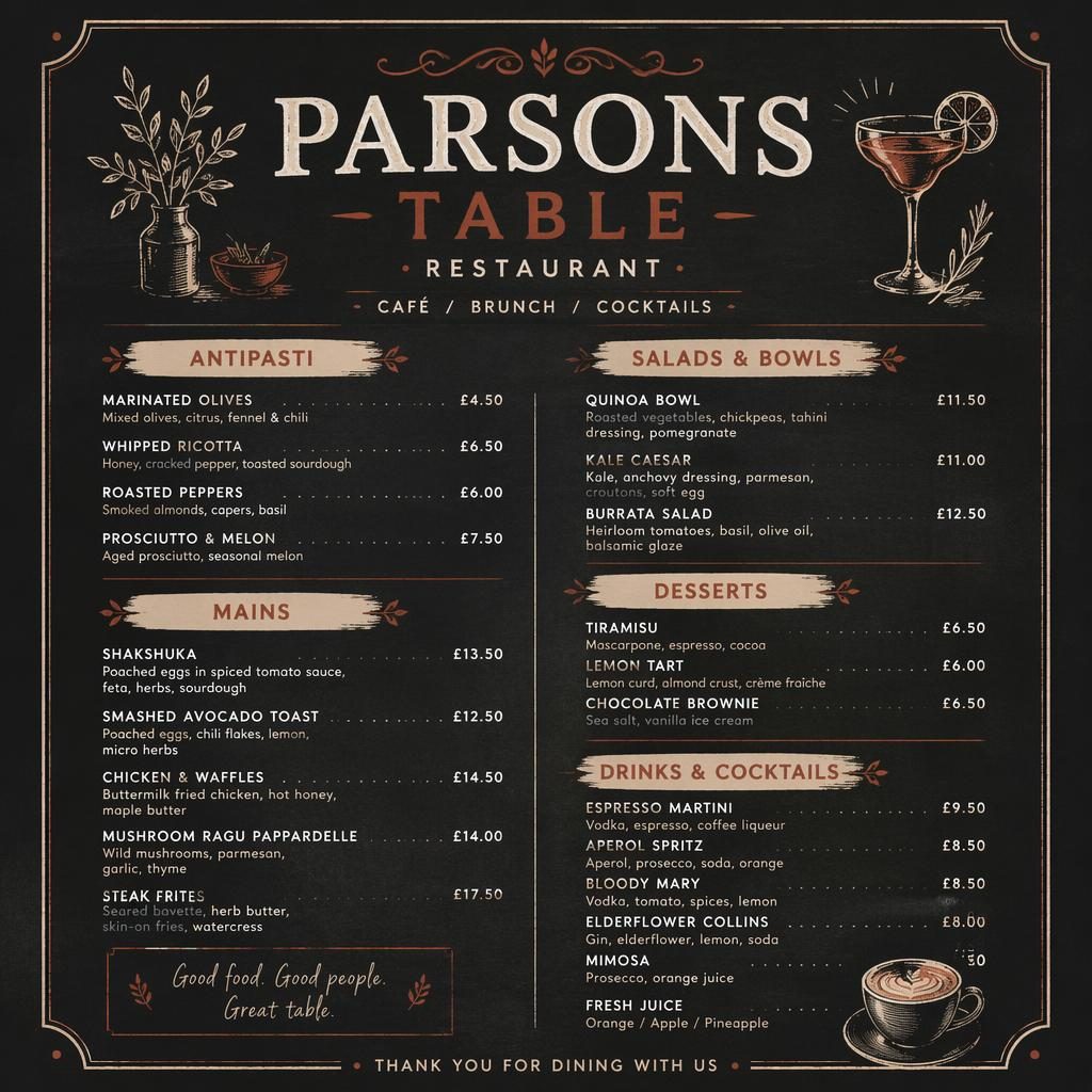 A4 portrait chalkboard-style cocktail menu card for Parsons Table Restaurant in warm cream and rust tones.