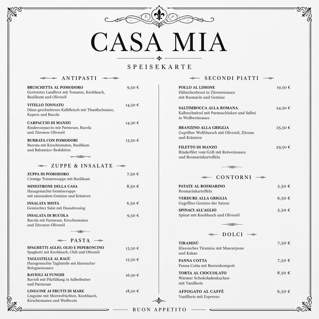 A4-Menükarte im Hochformat für Casa Mia mit Thai-Dinner, monochromem Fine-Dining-Layout, Rubriken, Gerichten und Preisspalte.