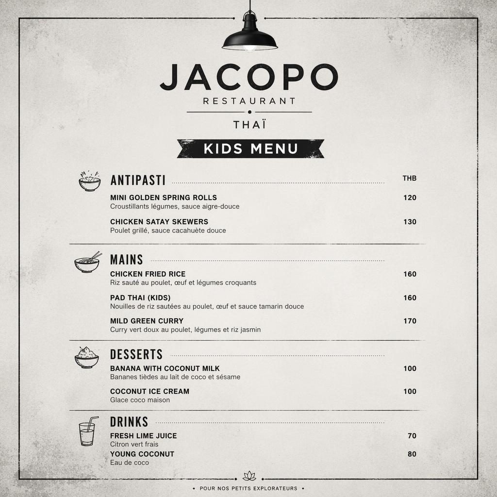 Carte menu enfant A4 en portrait pour jacopo restaurant, style loft industriel monochrome avec rubriques, plats fictifs et prix.