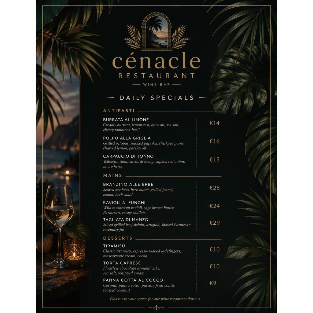 Carte de menu A4 portrait pour cénacle restaurant, style tropical sombre, en-tête décoratif, rubriques, plats et colonne de prix.