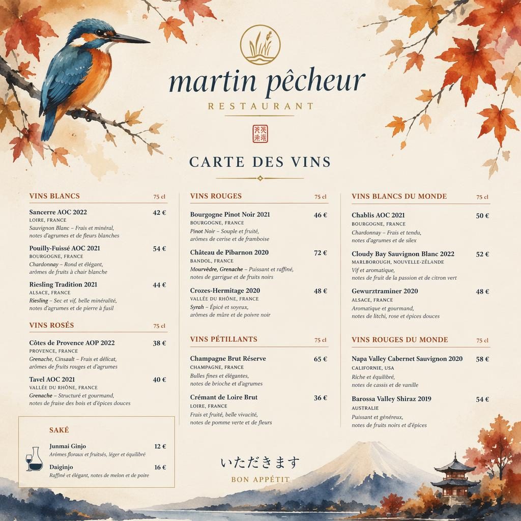 Carte des vins A4 portrait pour martin pêcheur restaurant, style aquarelle automnal, en-tête décoratif, rubriques et prix.