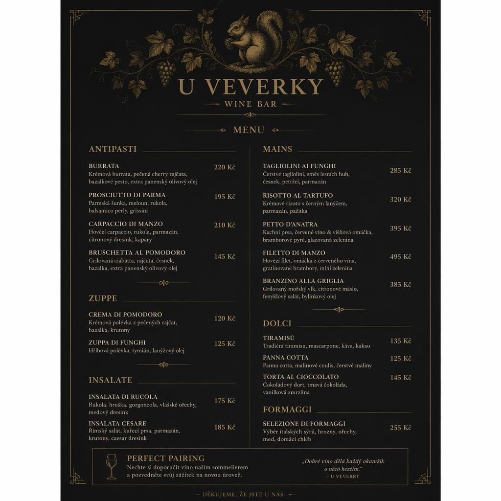 Tmavý luxusní jídelní lístek A4 na výšku pro vinný bar, s dekorativní hlavičkou, sekcemi, popisy jídel a cenami.