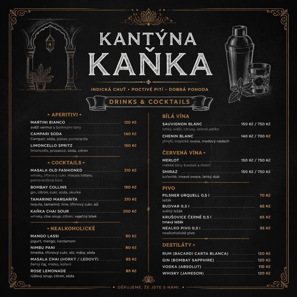 A4 nápojový lístek pro kantýna kaňka v tmavém chalkboard stylu s dekorativní hlavičkou, sekcemi a cenami.