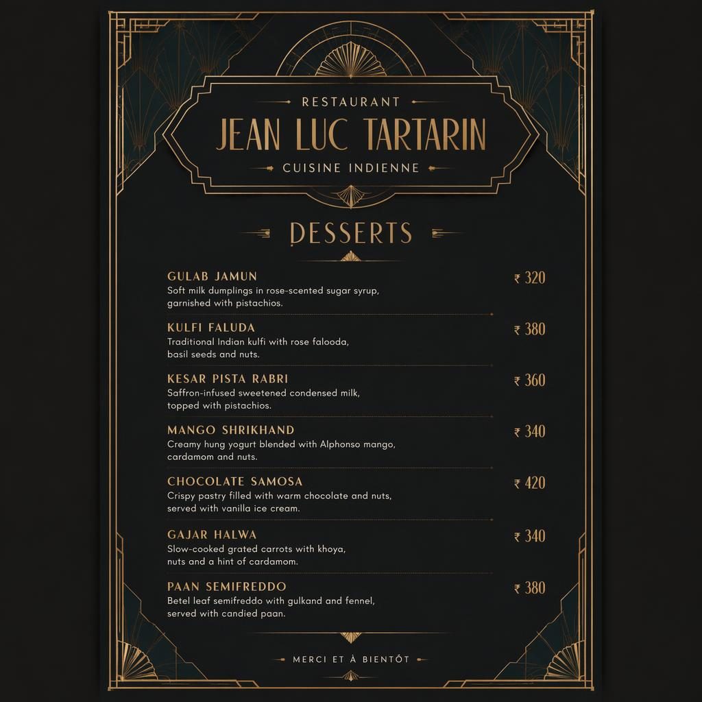 Carte de desserts A4 en portrait pour restaurant jean luc tartarin, style art déco, palette sombre, typographie élégante et colonne de prix.