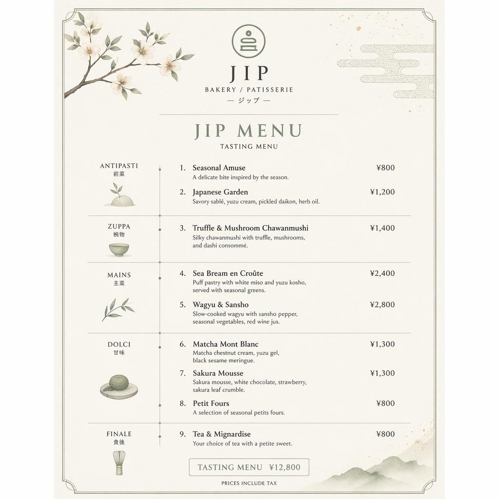 Tisková menu karta A4 na výšku pro jip menu v japonském kaiseki stylu, v šalvějové a slonovinové paletě.
