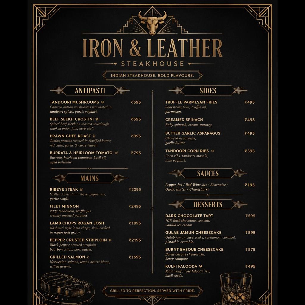 A4 portrait dessert menu card for an Indian steakhouse design with art deco header, dark moody palette, placeholder text, and price column.