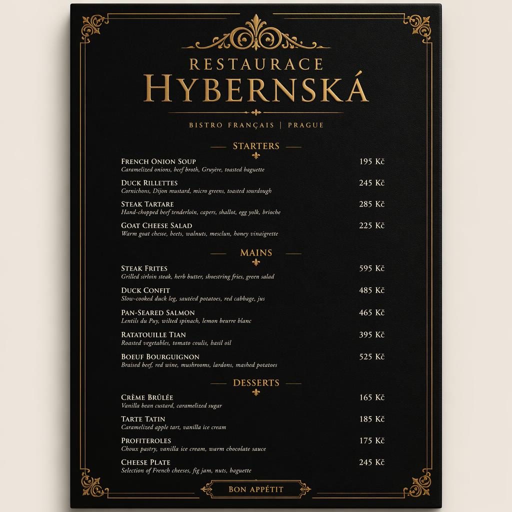 Tištěný jídelní lístek A4 pro Restauraci Hybernská v černo-zlatém elegantním stylu s francouzskými položkami.