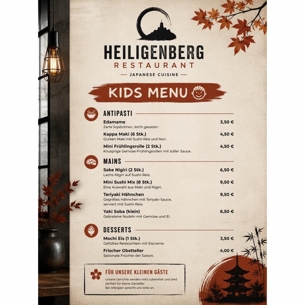 A4-Menükarte für Kinder mit Sushi-Gerichten, Herbstfarben, Industrial-Loft-Design, Platzhaltertext und Preisspalte.