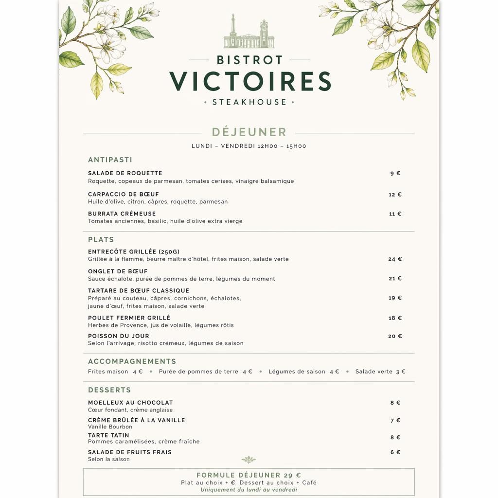 Carte de menu A4 portrait pour steakhouse, style suisse minimaliste, palette printanière, rubriques, plats et colonne de prix.