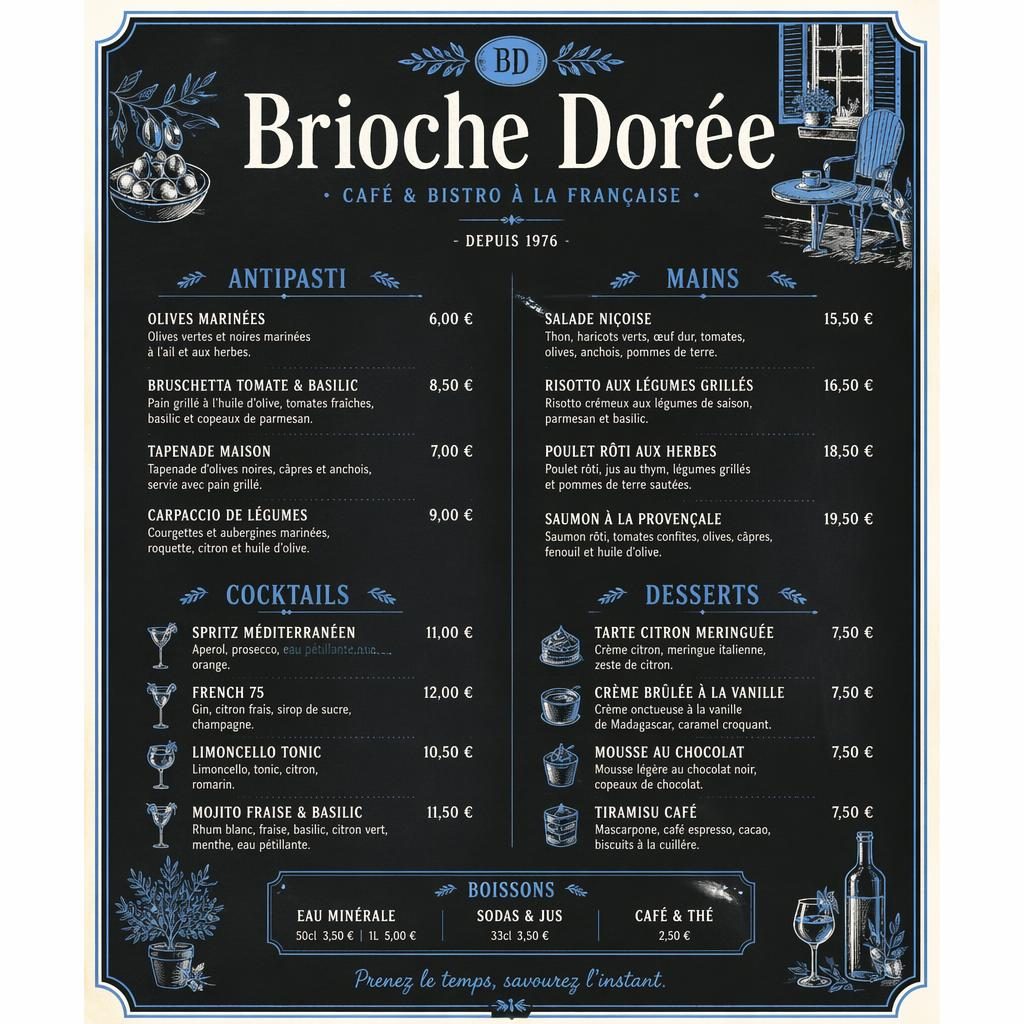 Carte de cocktails A4 verticale style ardoise, palette bleu méditerranéen et crème, avec en-tête décoratif et colonne de prix.
