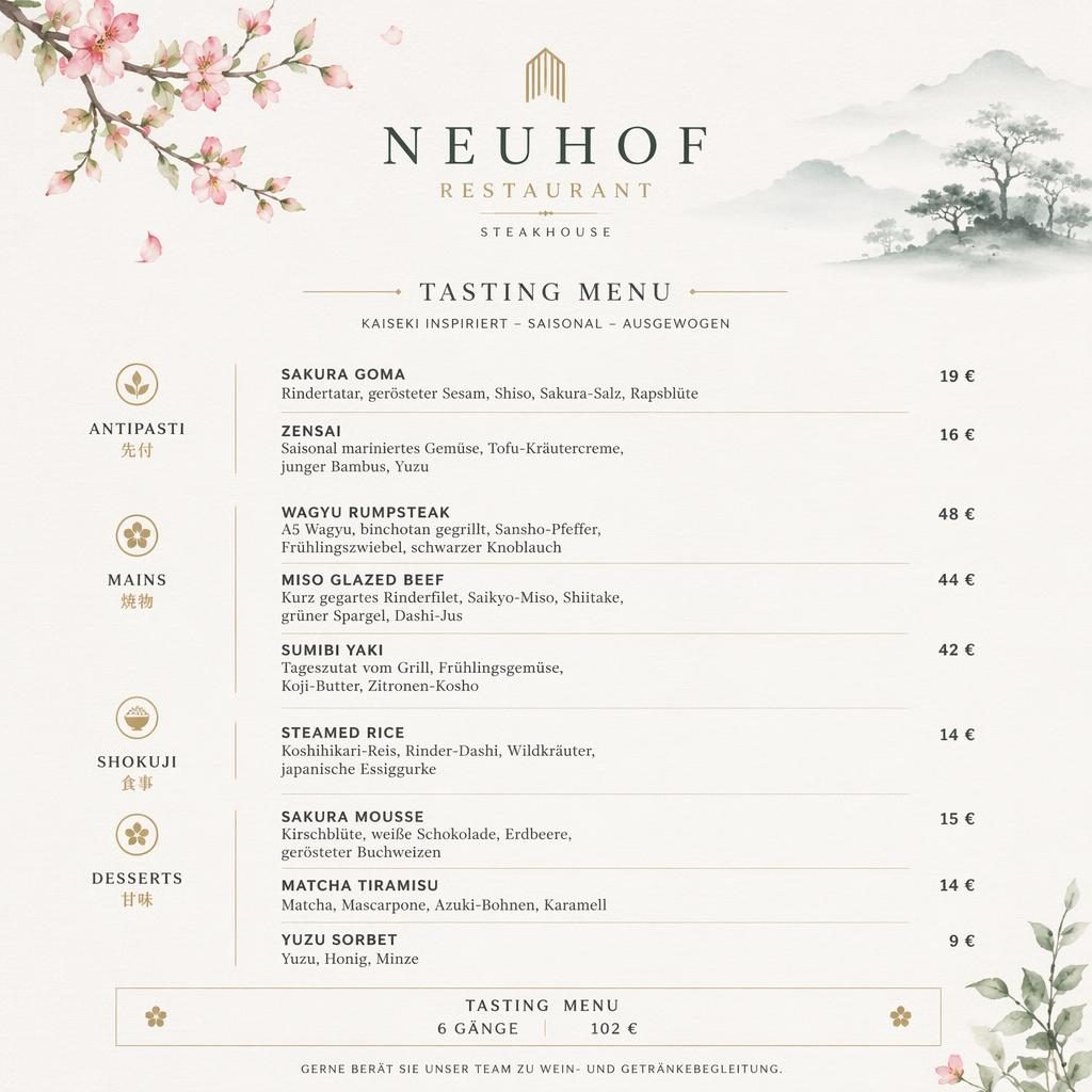 A4-Menükarte im Hochformat für neuhof restaurant, Kaiseki-Layout mit Frühlingsfarben, Rubriken, Gerichten und Preisspalte.